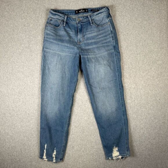 Hollister Womens Size 9 High Rise Mom Denim Jeans Blue Stretch Distressed - Picture 1 of 7
